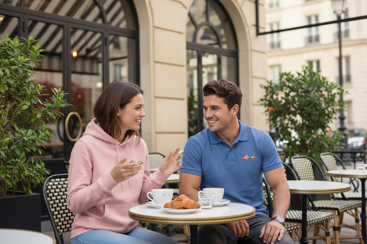 Couple terrasse café - Hoodie femme + Polo homme - Collection Zéro
