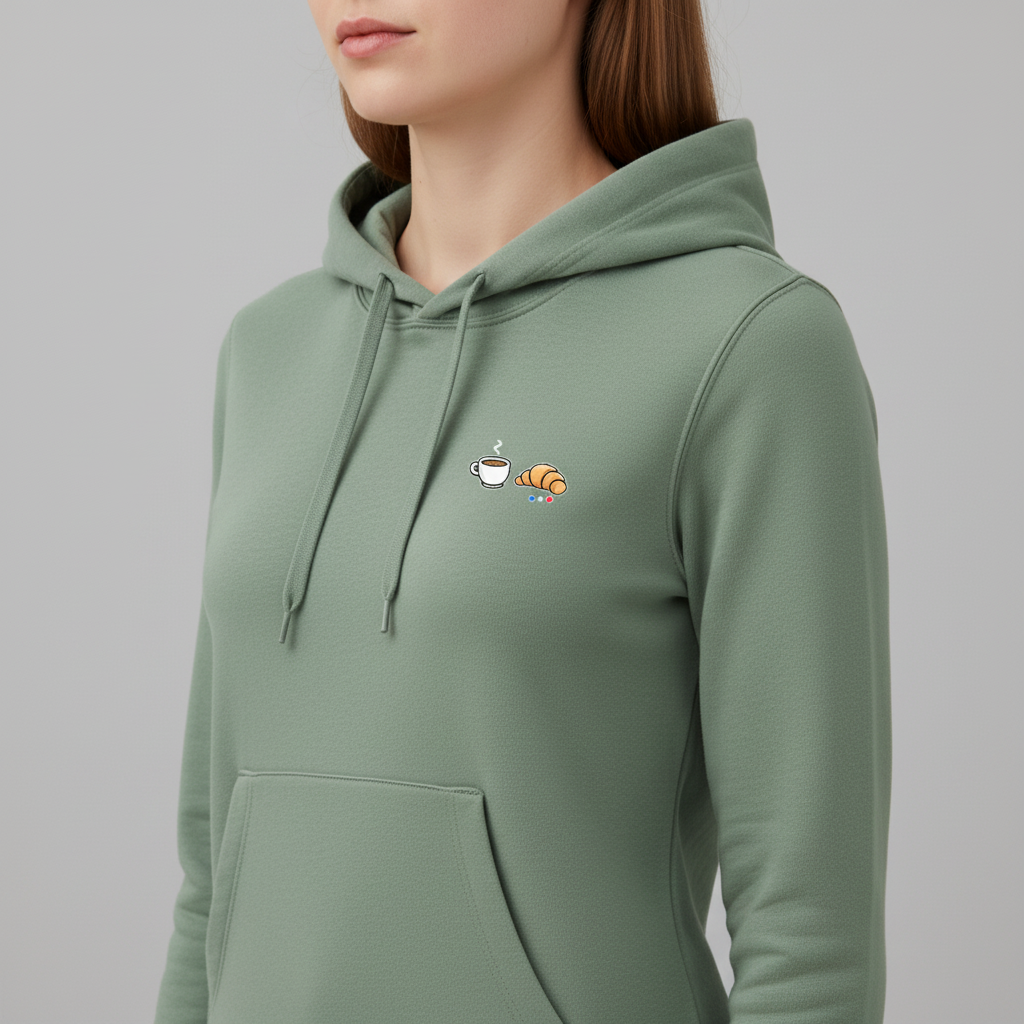 Gros plan logo - Sweat à capuche Femme coupe ajustée Sage Collection Café Croissant - Maison Jambon Beurre