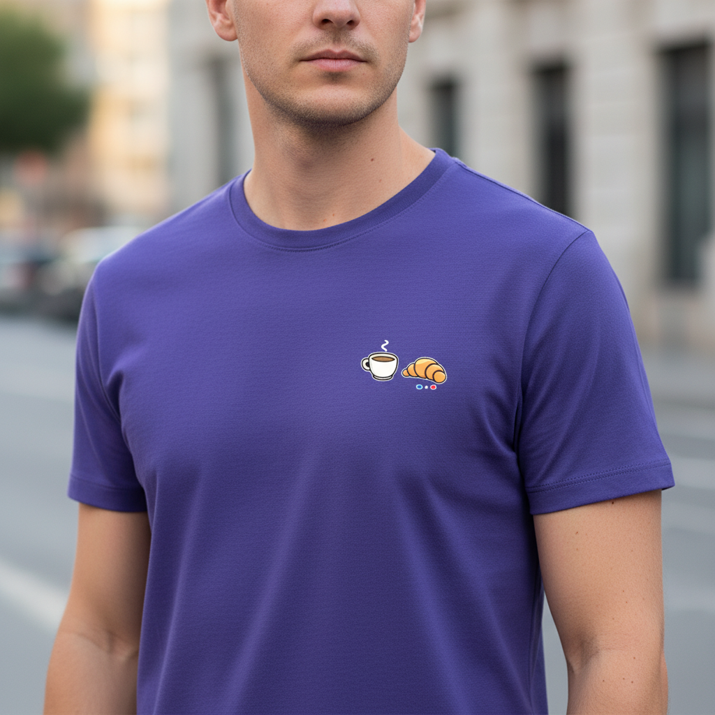Gros plan logo - T-shirt Bio Homme Purple Collection Café Croissant - Maison Jambon Beurre