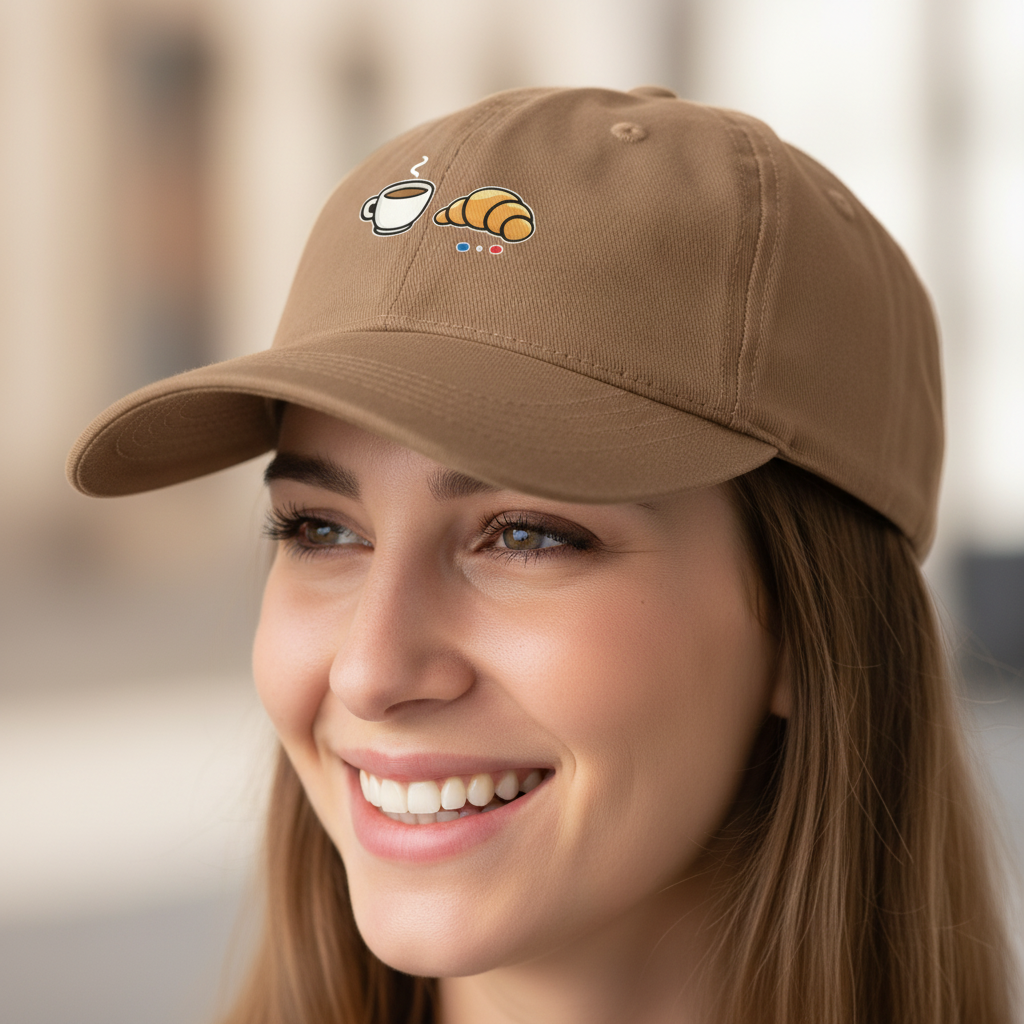 Gros plan visage souriant - Casquette Dark Camel Collection Café Croissant - Maison Jambon Beurre