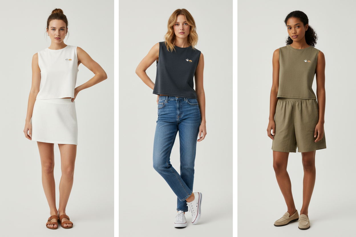Lookbook 3 panneaux - Crop sans manche Bio Femme Collection Café Croissant - organic khaki - Maison Jambon Beurre