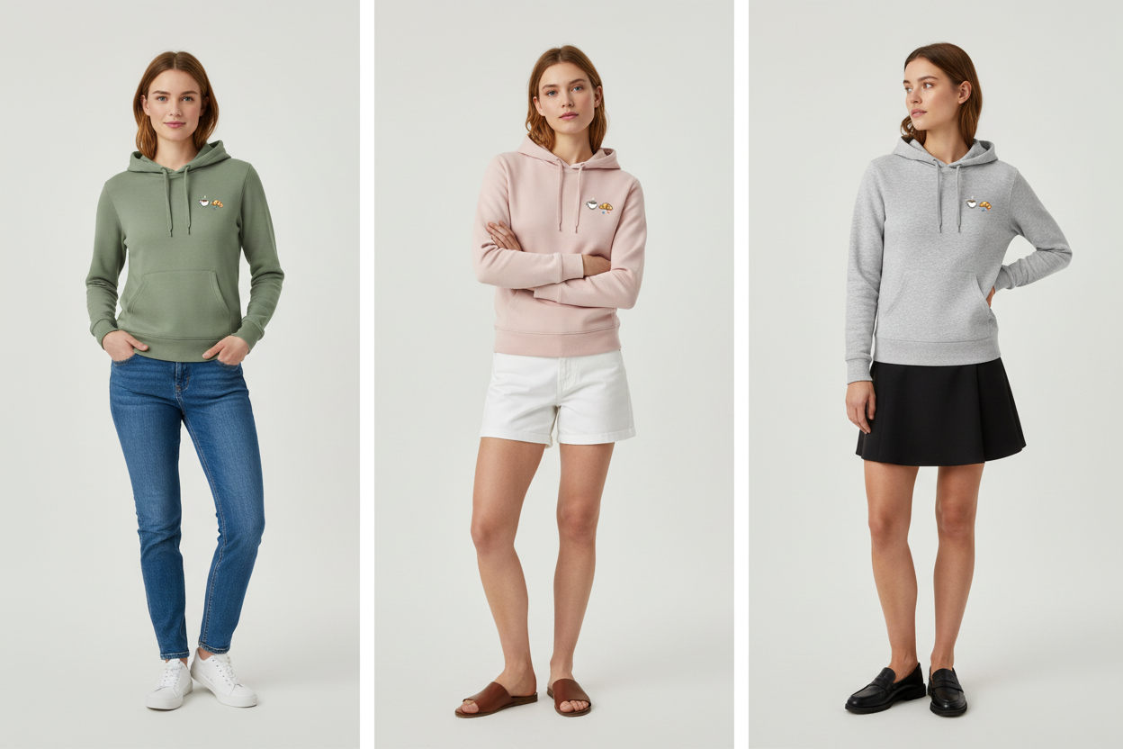 Lookbook 3 panneaux - Sweat à capuche Femme Collection Café Croissant - jupe courte - Maison Jambon Beurre