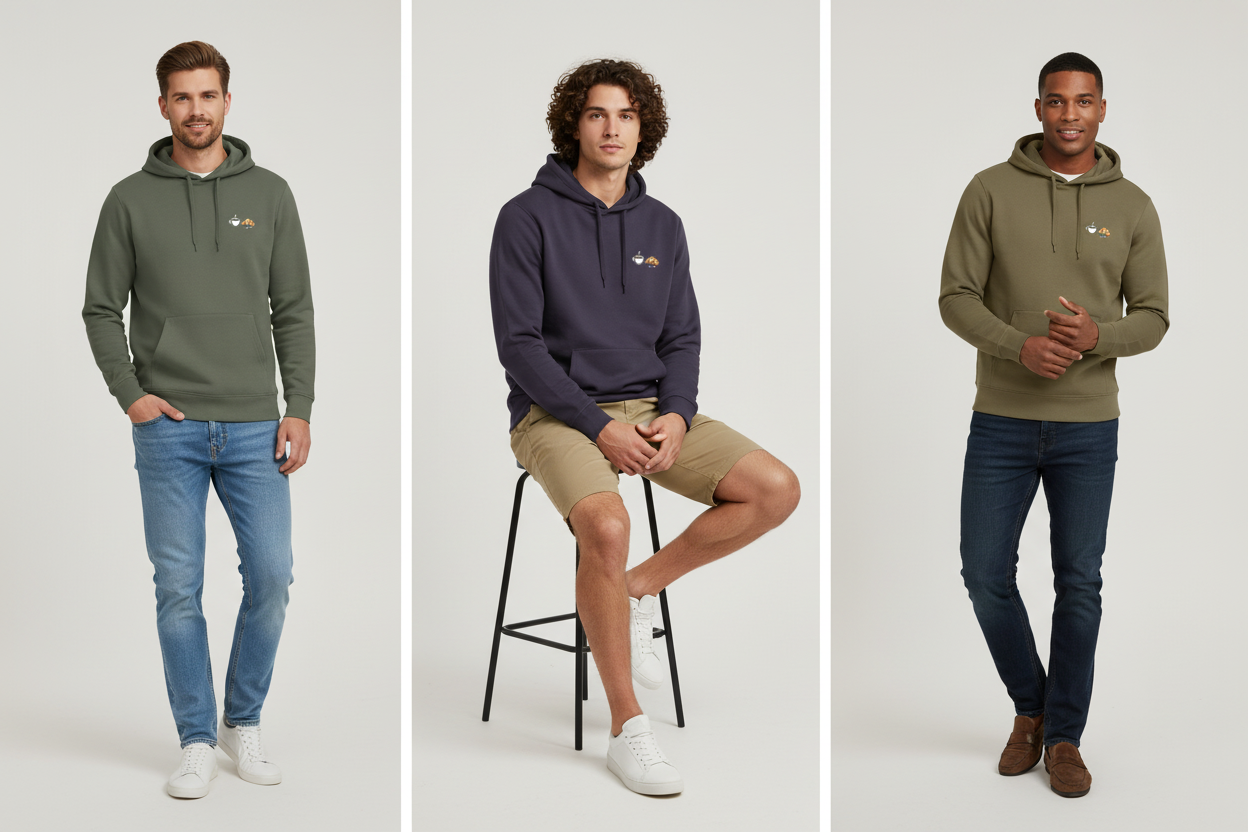 Lookbook 3 panneaux - Sweat à capuche Homme Collection Café Croissant - Maison Jambon Beurre